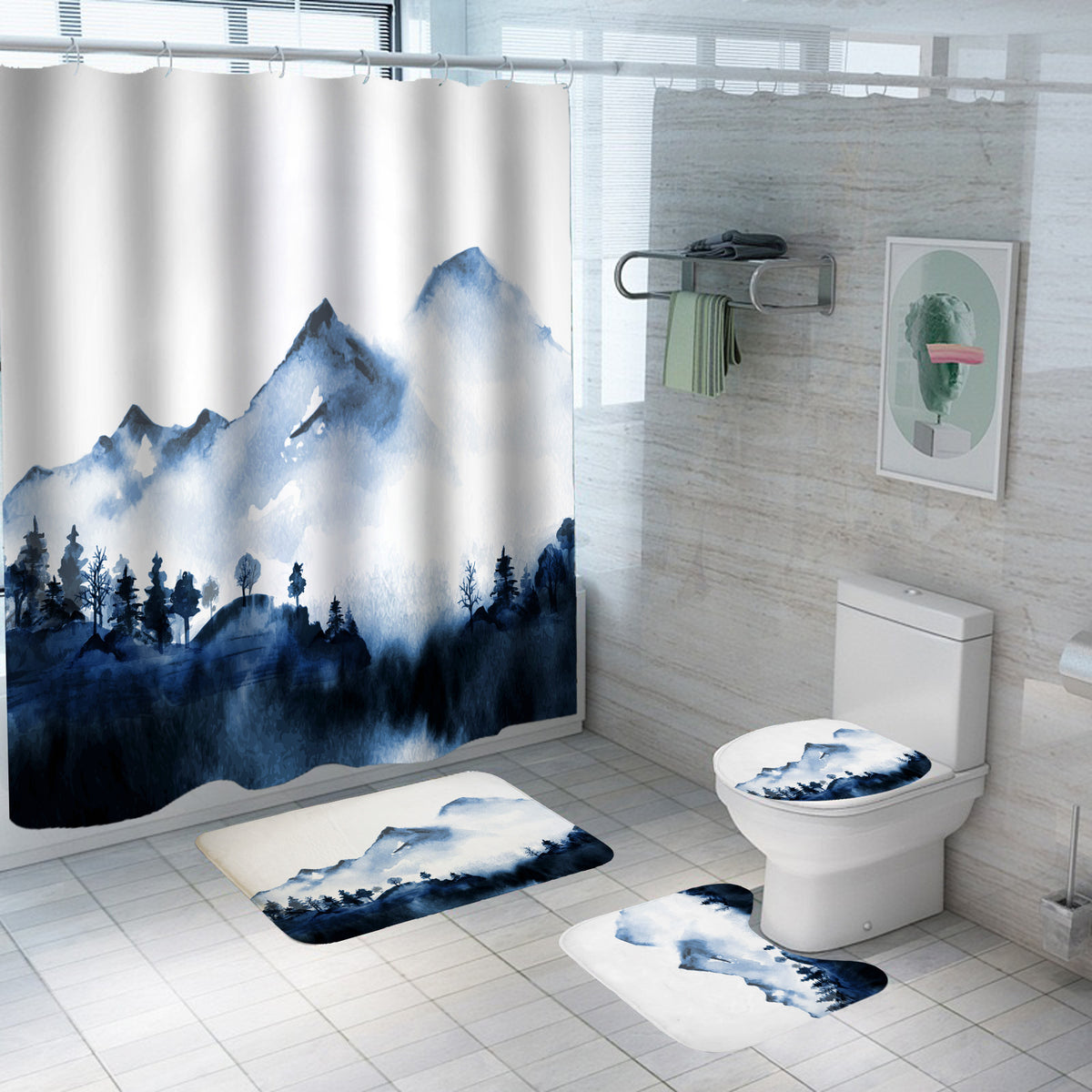Digital Printing Polyester Bathroom Shower Curtain with Chinese Landscape Design