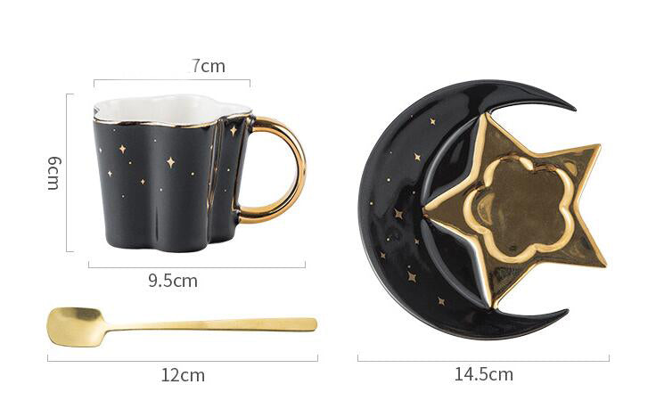 Ceramic Cup Set with Star and Moon Saucer - 4 Colors