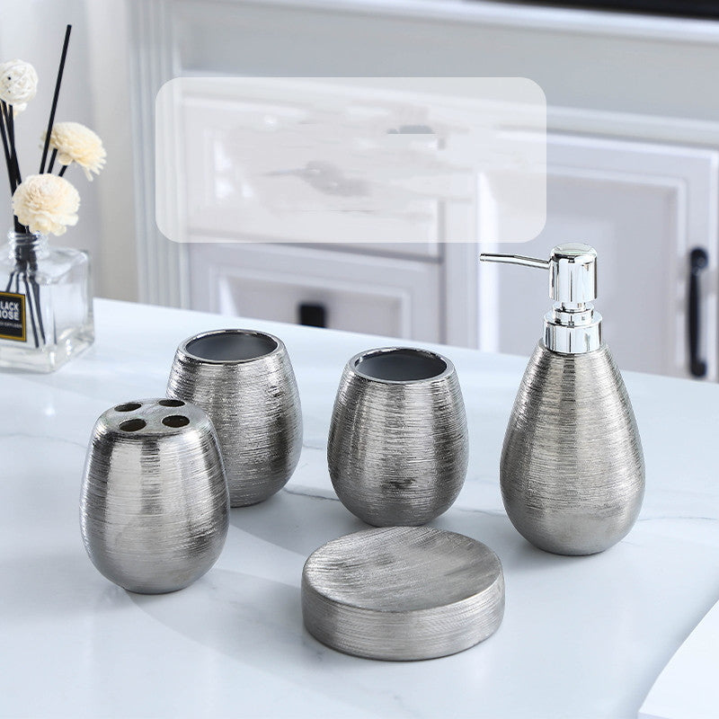 Handmade Vintage Ceramic Bathroom 5-Piece Set - Brushed Silver Finish