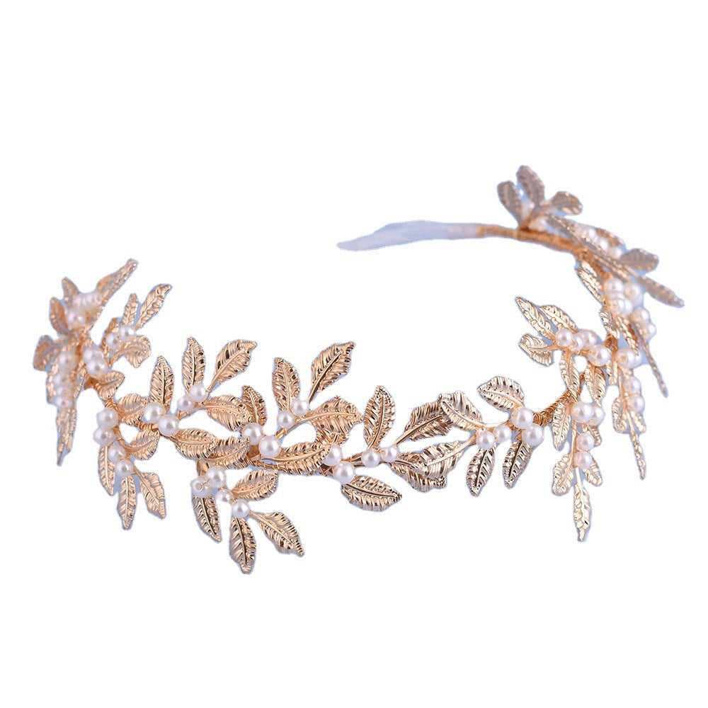 Gold Leaf Pearl Hair Band with White Organza Ribbon - Elegant Hair Accessories