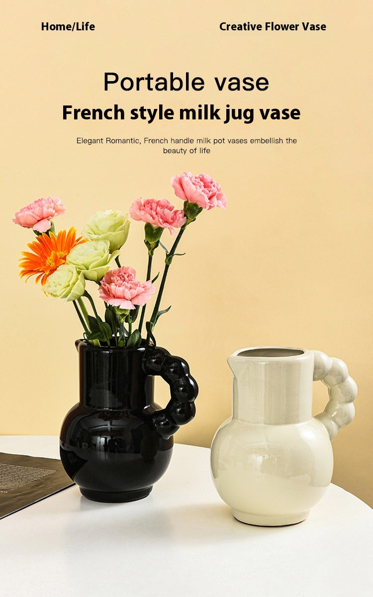 French Ceramic Vase Set - Cream, Black, and Beige Decorative Flowers & Tulips