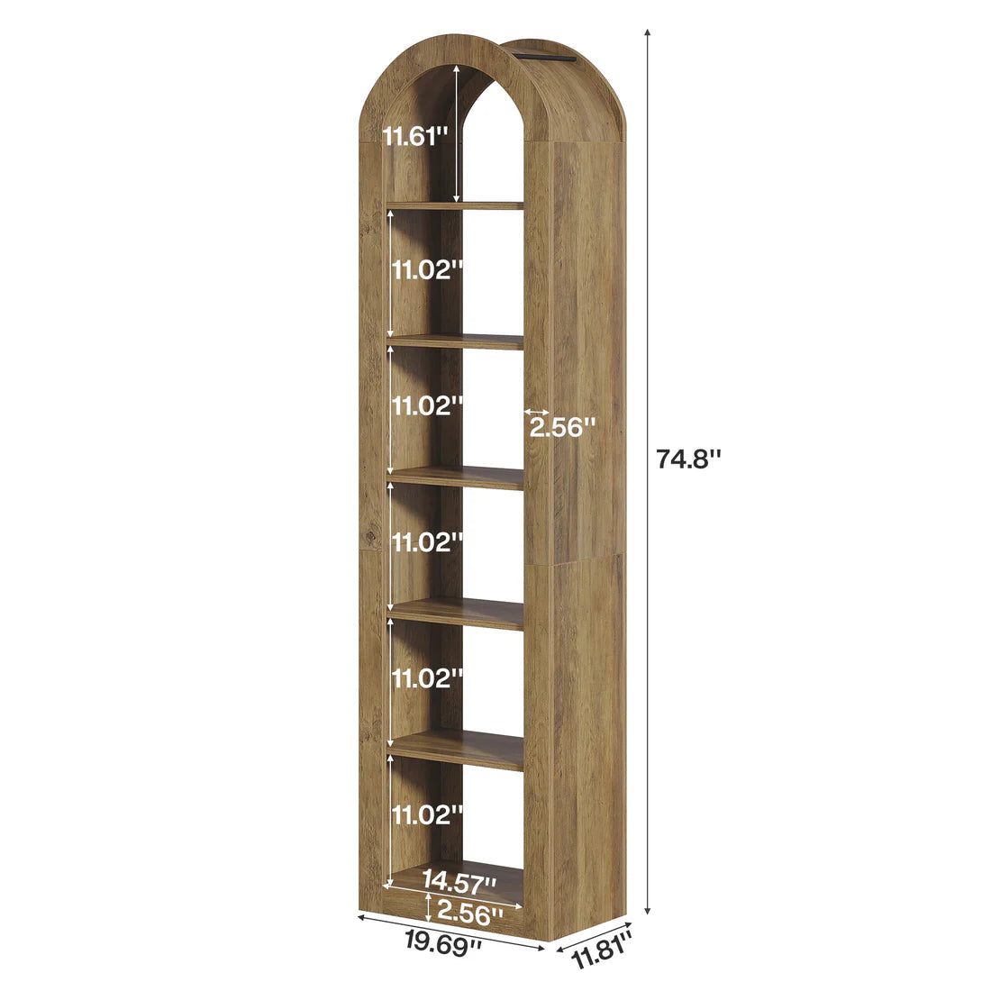 Arched Open Bookcase - 6-Tier Rustic Display Shelf, Brown