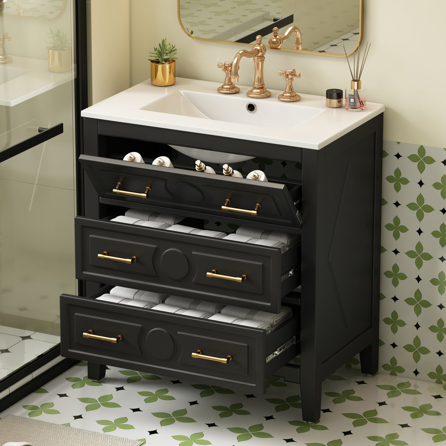 30 Bathroom Vanity With Ceramic Sink Combo, Free Standing Single Set