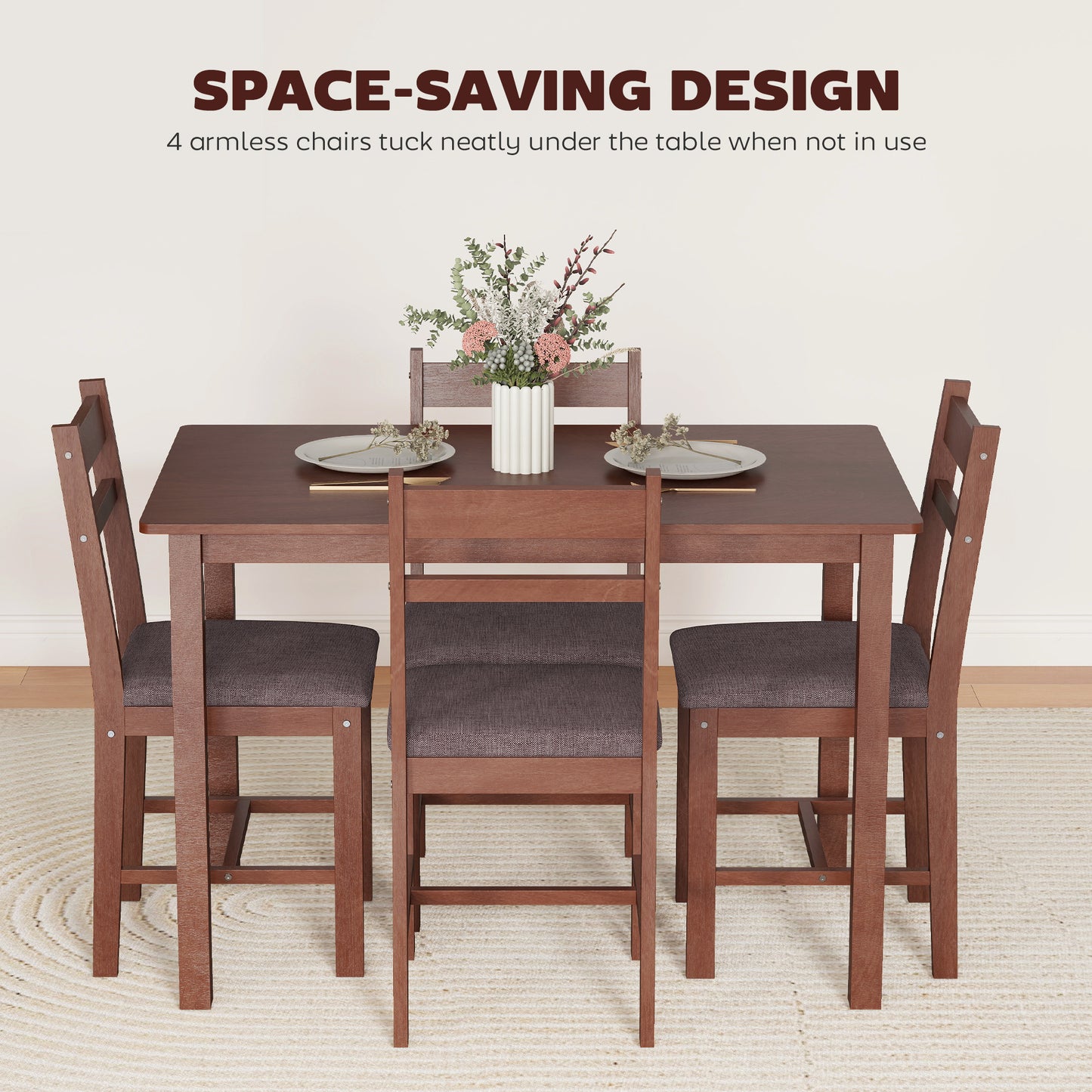 5-Piece Solid Wood Dining Table Set for 4, Farmhouse Kitchen with