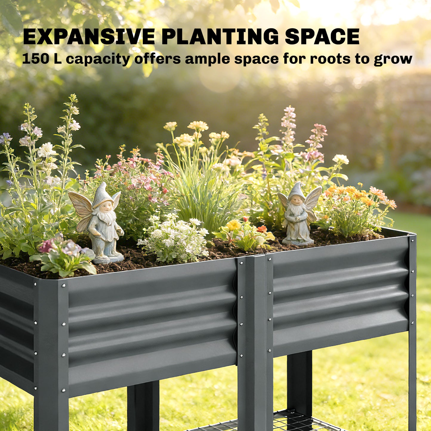 Galvanized Steel Raised Garden Bed with Storage Shelf - 31.5 Inch Dark Gray