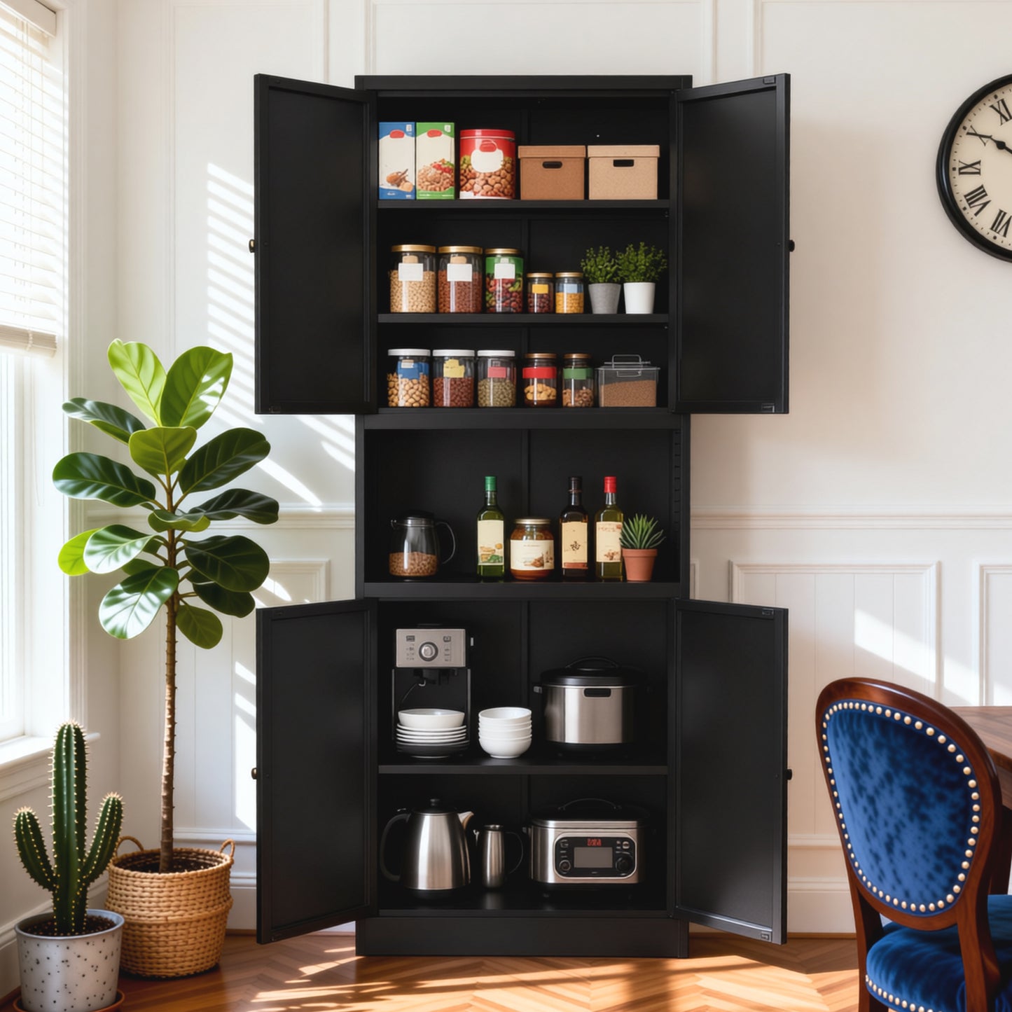 72" High Black Metal Kitchen Pantry Storage Cabinet with Adjustable Shelves