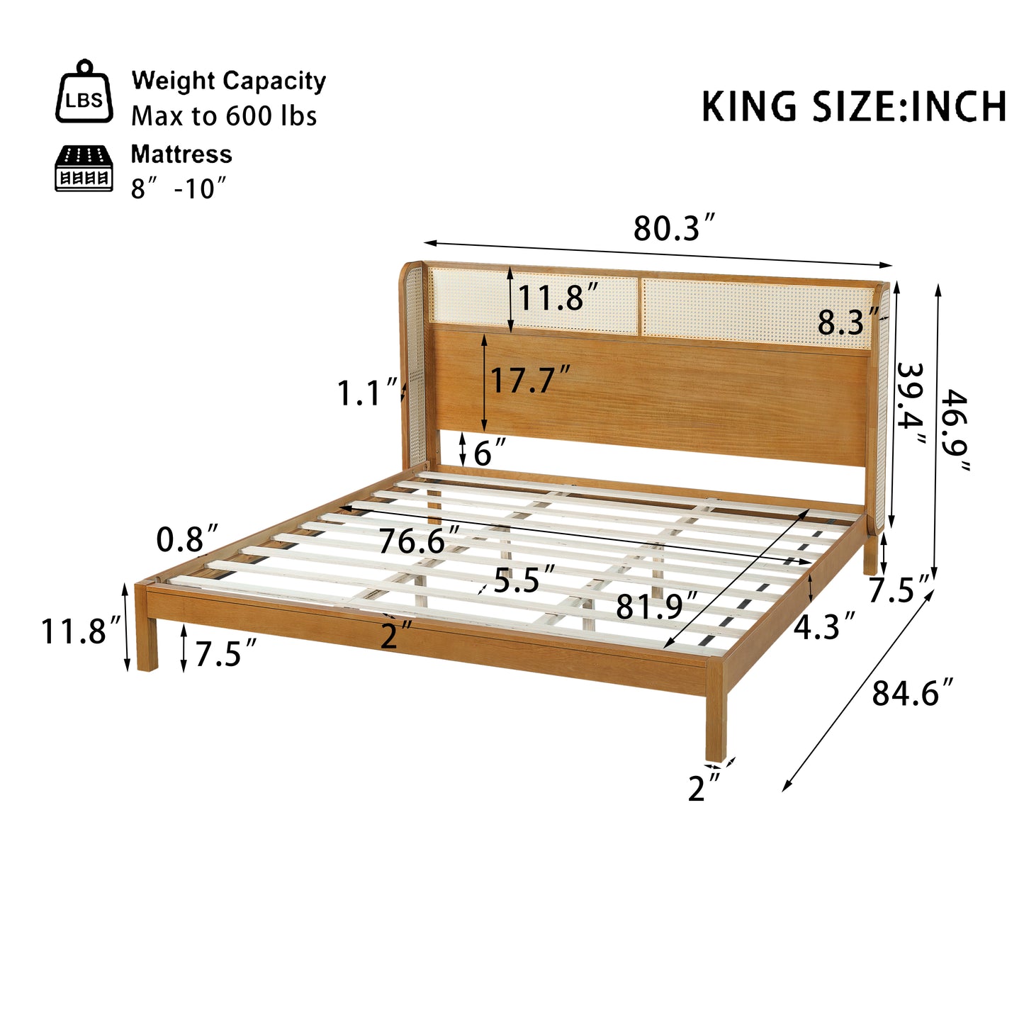 King Platform Bed Frame with Headboard - Natural Rubber Wood