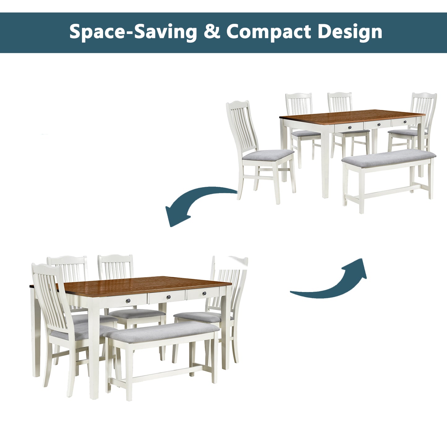 Mid-Century 6-Piece Wood Dining Table Set with Drawer - White