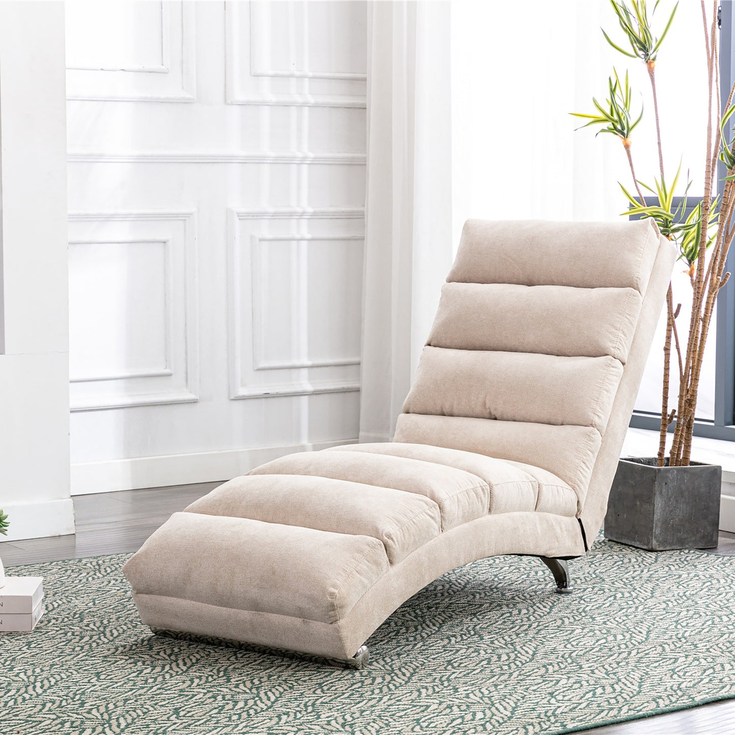 Luxury Upholstered Chaise Lounge Chair with Vibration - Beige