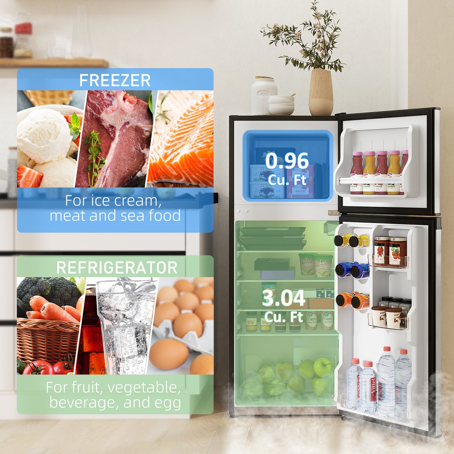 Small Refrigerator with Freezer 4 Cu Ft - Reversible Doors, Silver