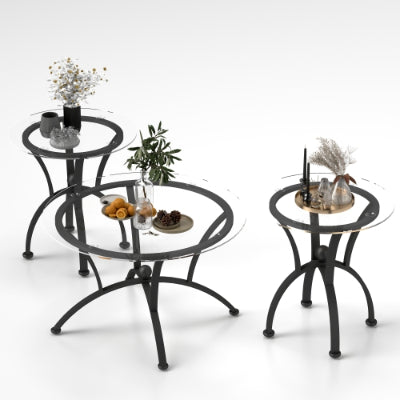 3 Piece Tempered Glass Coffee Table Set with Rustic Black Finish for Living Room