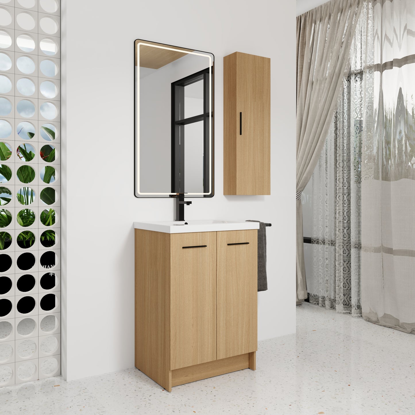 24" Freestanding Bathroom Vanity Set with Linen Cabinet - Light Oak