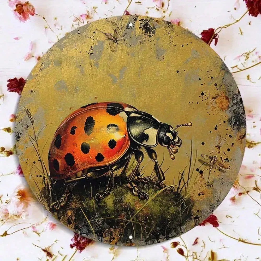 Round Aluminum Metal Sign - Golden Ladybug Wall Decor