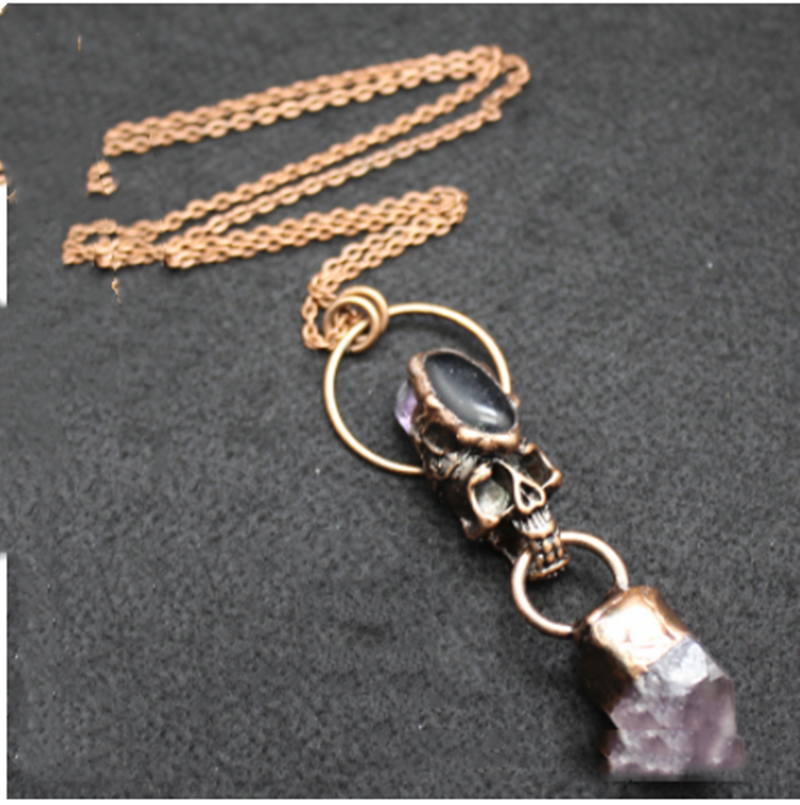Exaggerated Bull Head Necklace Pendant with Amethyst Crystal - Unisex Jewelry