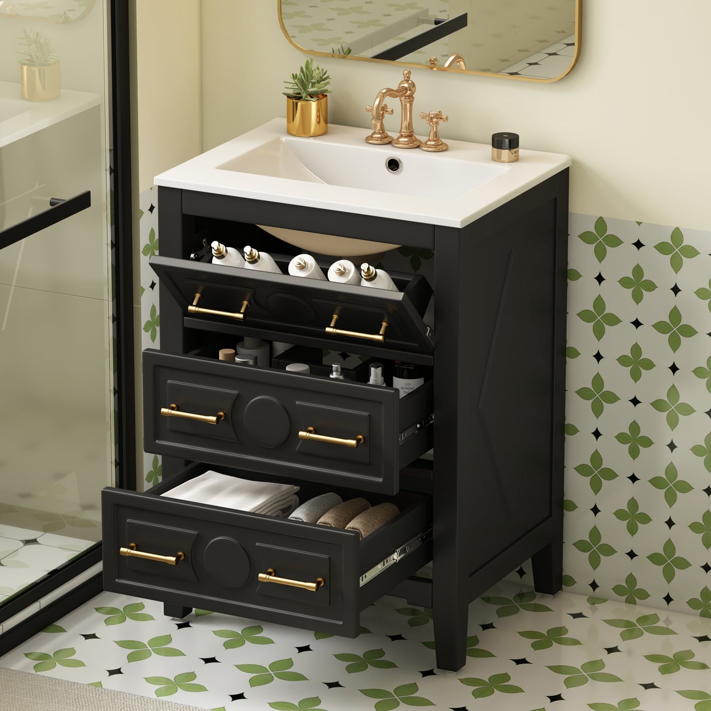 24'' Bathroom Vanity with Ceramic Sink - Black, 3 Drawers