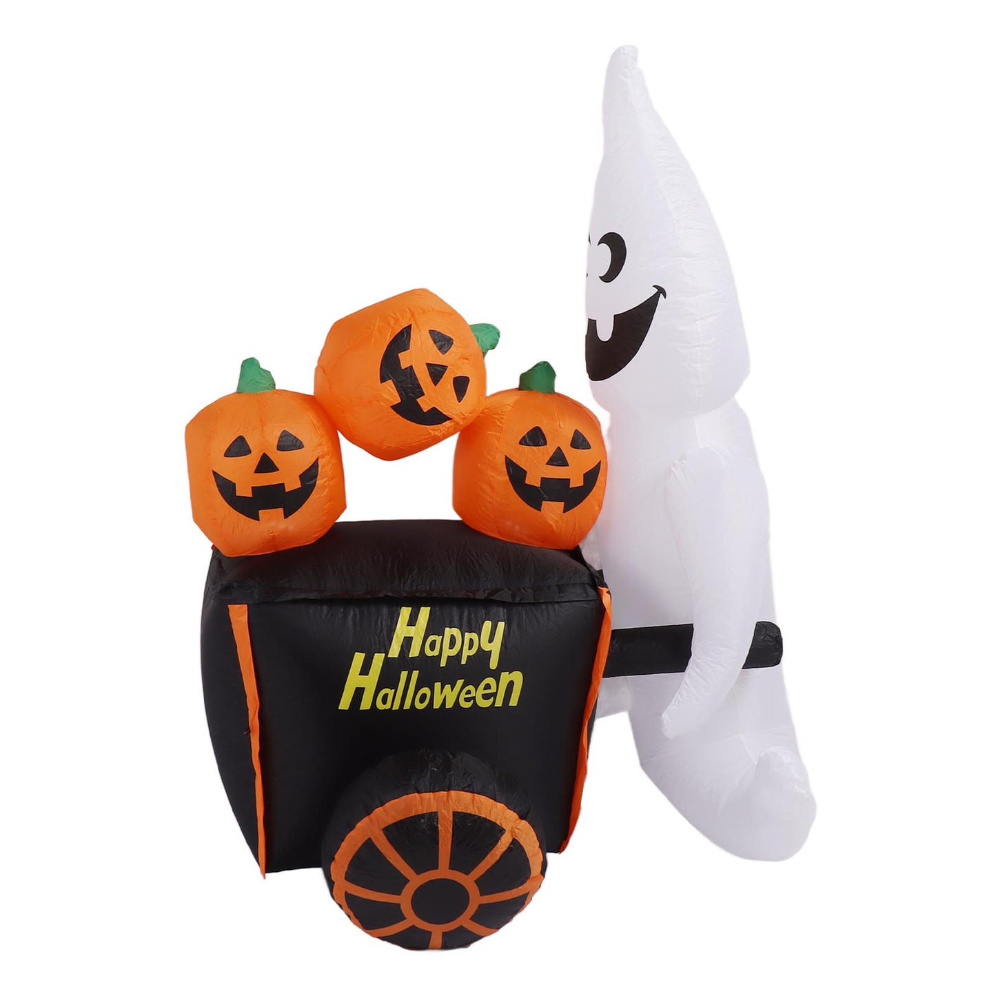 6ft Halloween Inflatable Ghost Pushing Pumpkin Cart Decor IP44 With
