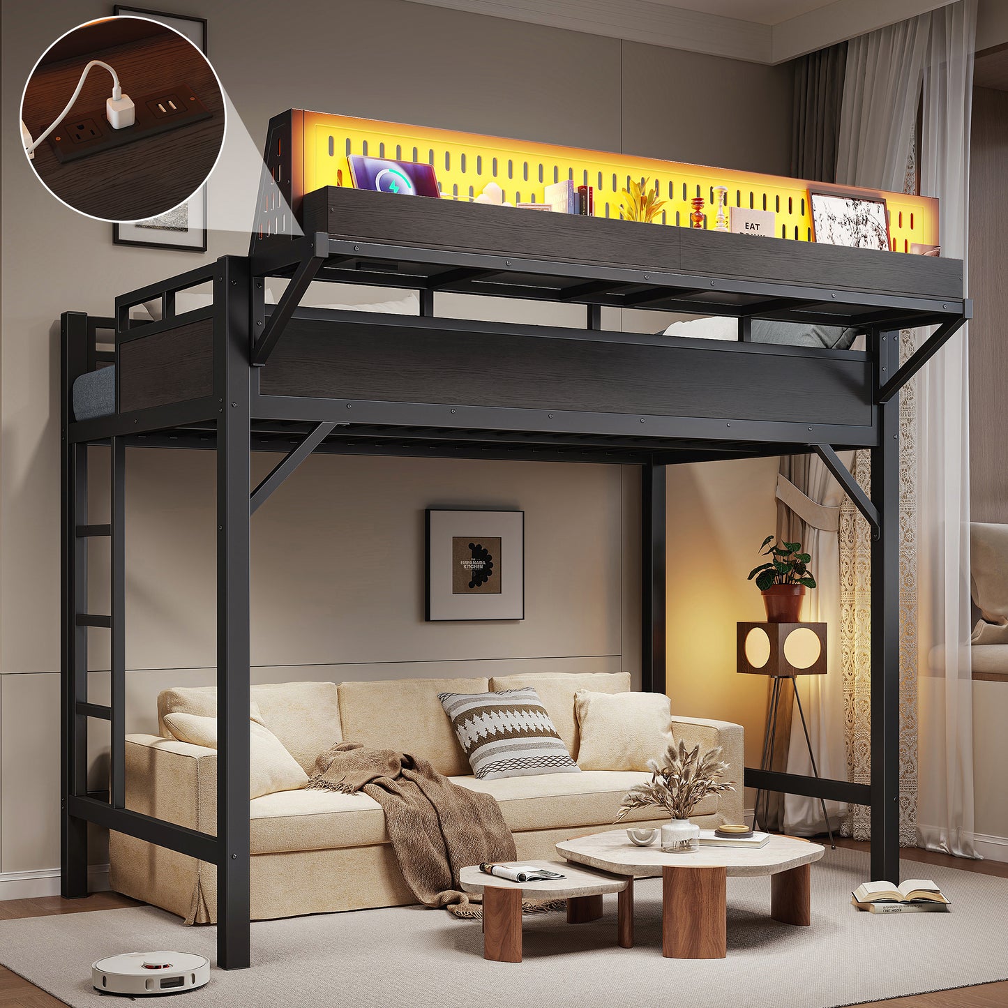 Twin XL Metal Loft Bed Frame with USB Ports & LED Lights
