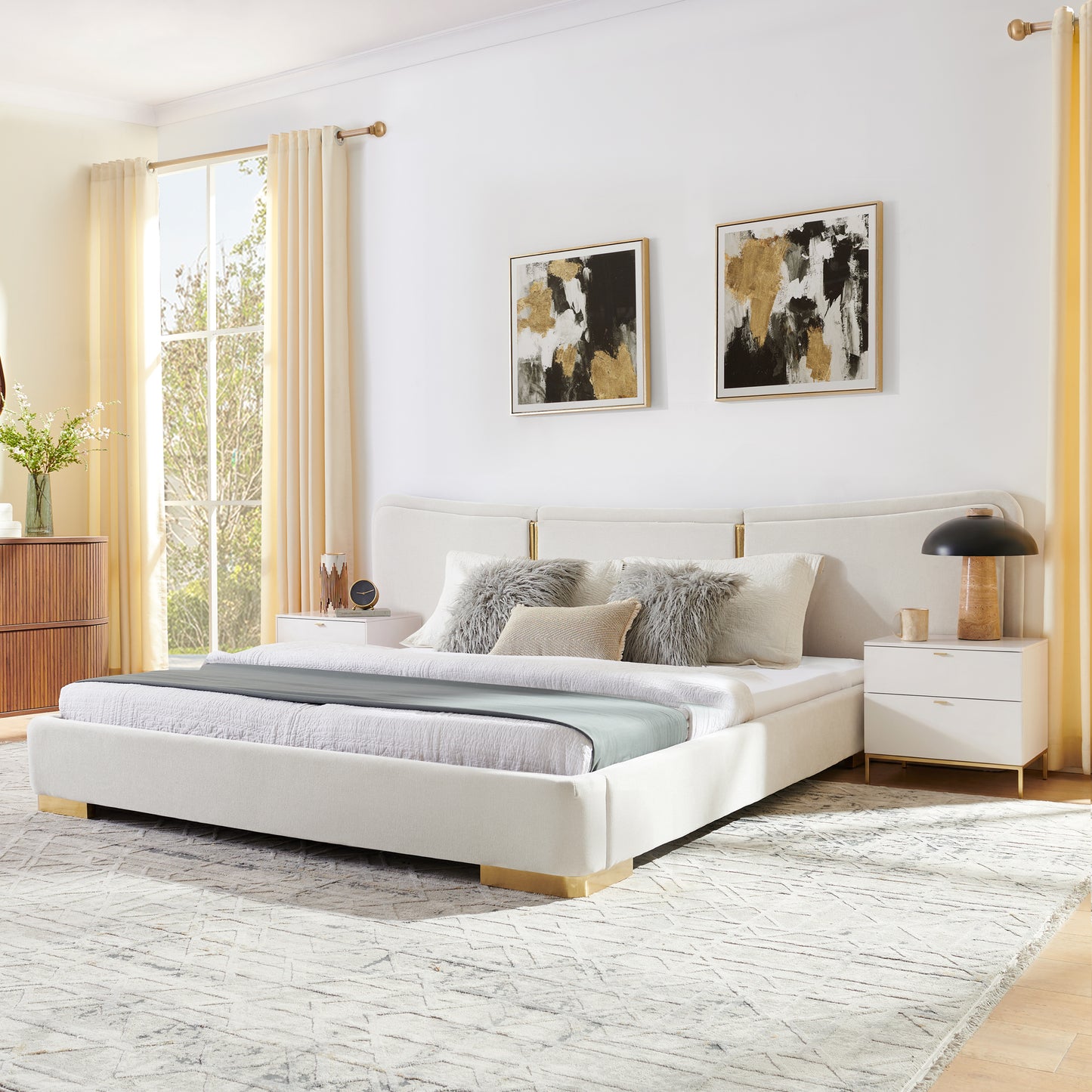 Queen Size Platform Bed with Soft Chenille Fabric Frame - Beige