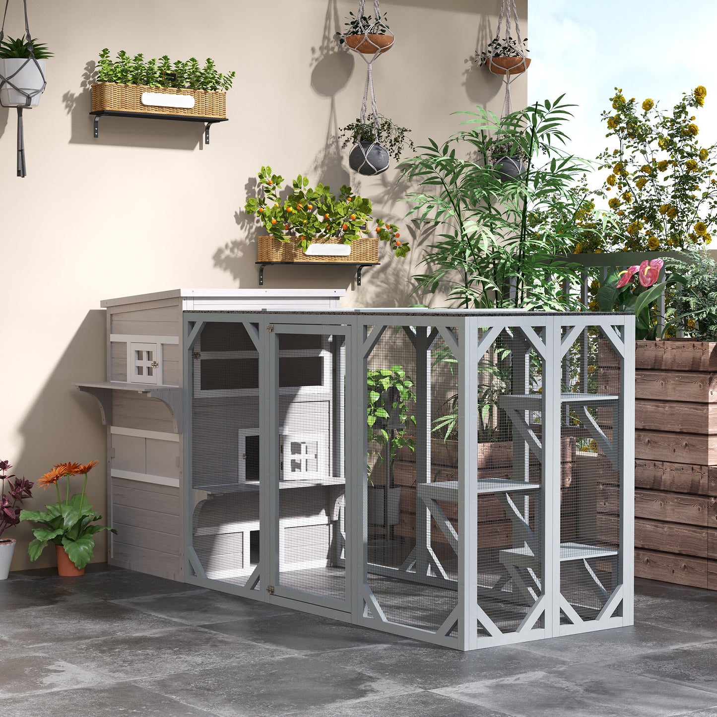 Outdoor Cat House 3-Tier Shelter with Escape Doors Weather Resistant Gray & White