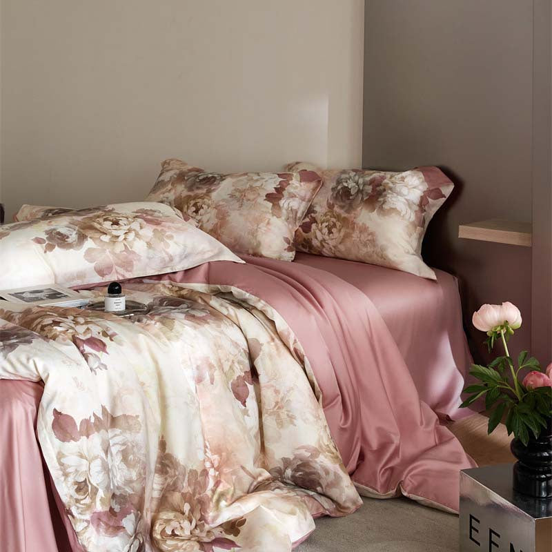 Flower Tencel Bedding Set - Four-Piece Includes Quilt Cover & Sheets