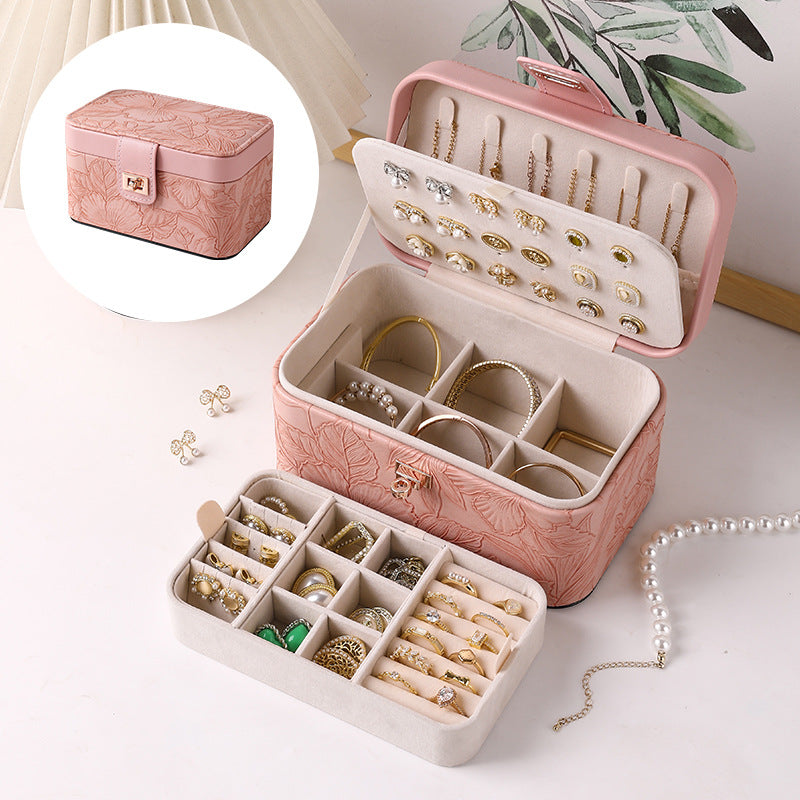 Leather Jewelry Storage Box with Patterned Design and Velvet Interior
