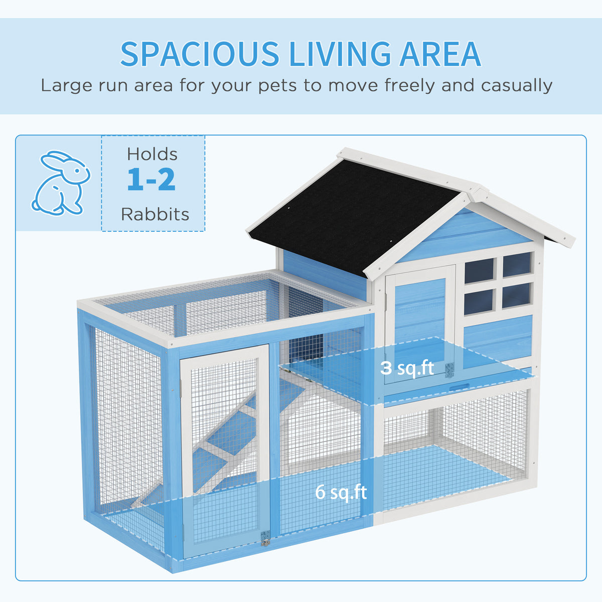 48-Inch Wooden Rabbit Hutch with Waterproof Asphalt Roof & Removable Tray - Light Blue