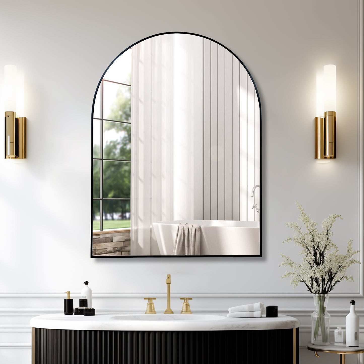 30x40 Inch Black Metal Framed Arched Bathroom Wall Mirror