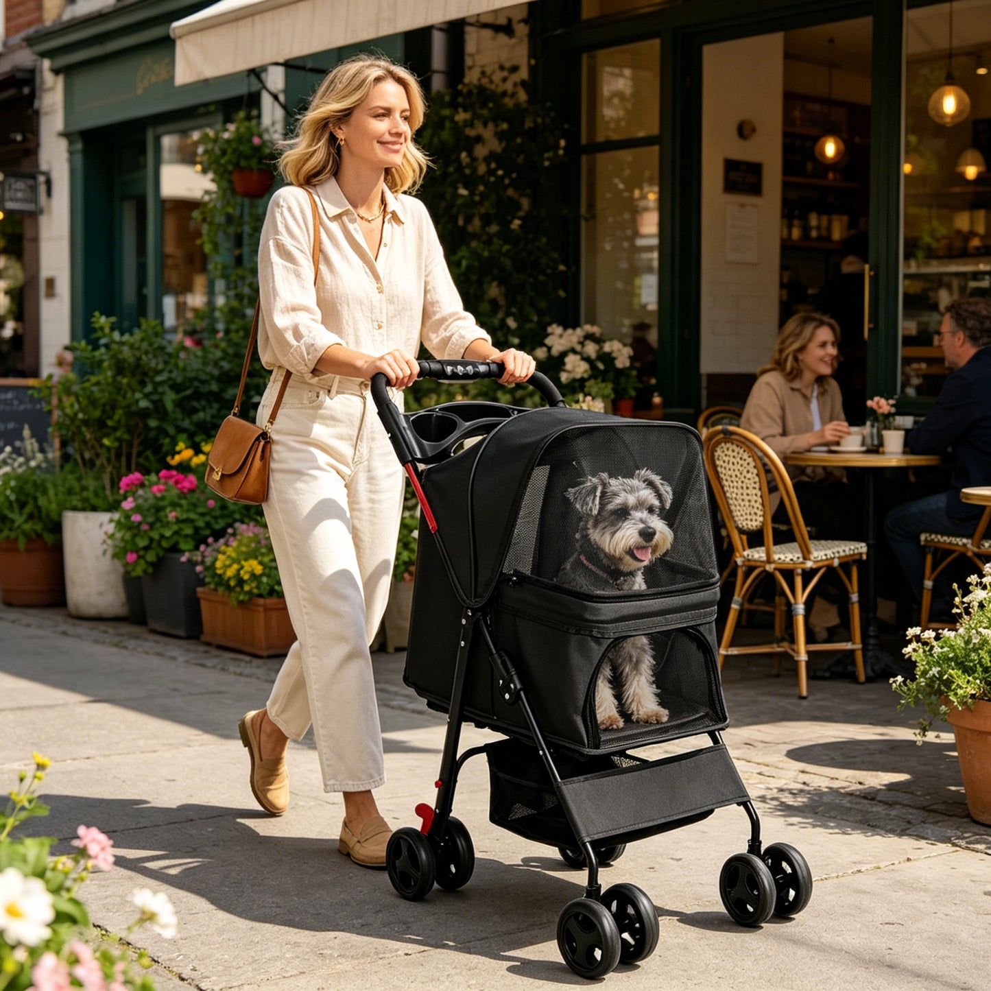 Foldable Pet Stroller for Small Dogs and Cats - Black, 28 lbs Capacity with Safety Leashes & Mesh