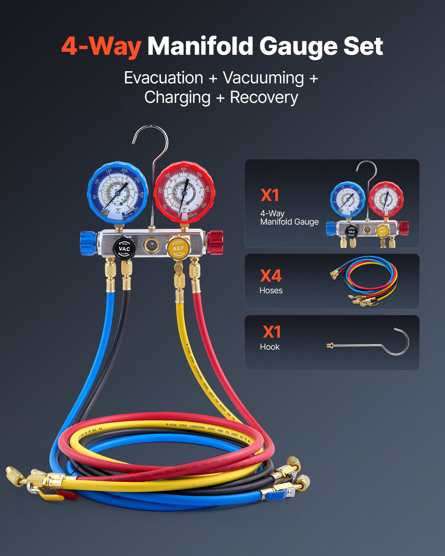 4-Way AC Manifold Gauge Set with 5ft Hoses for R22 R404A R410A R12 Refrigerants