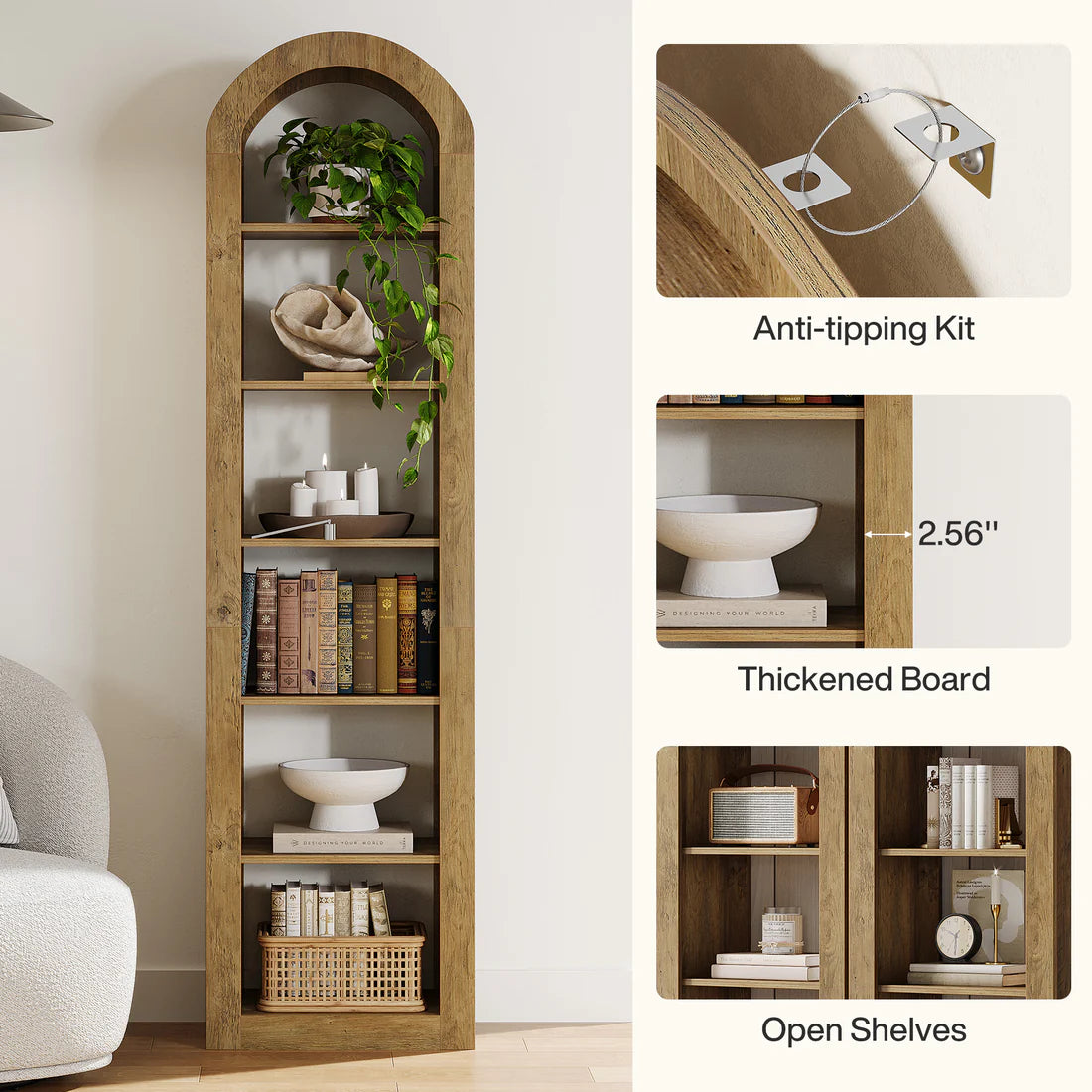 Arched Open Bookcase - 6-Tier Rustic Display Shelf, Brown