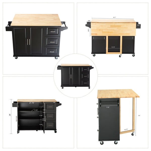 Mobile Kitchen Island Cart with Rubber Wood Top - Adjustable Storage
