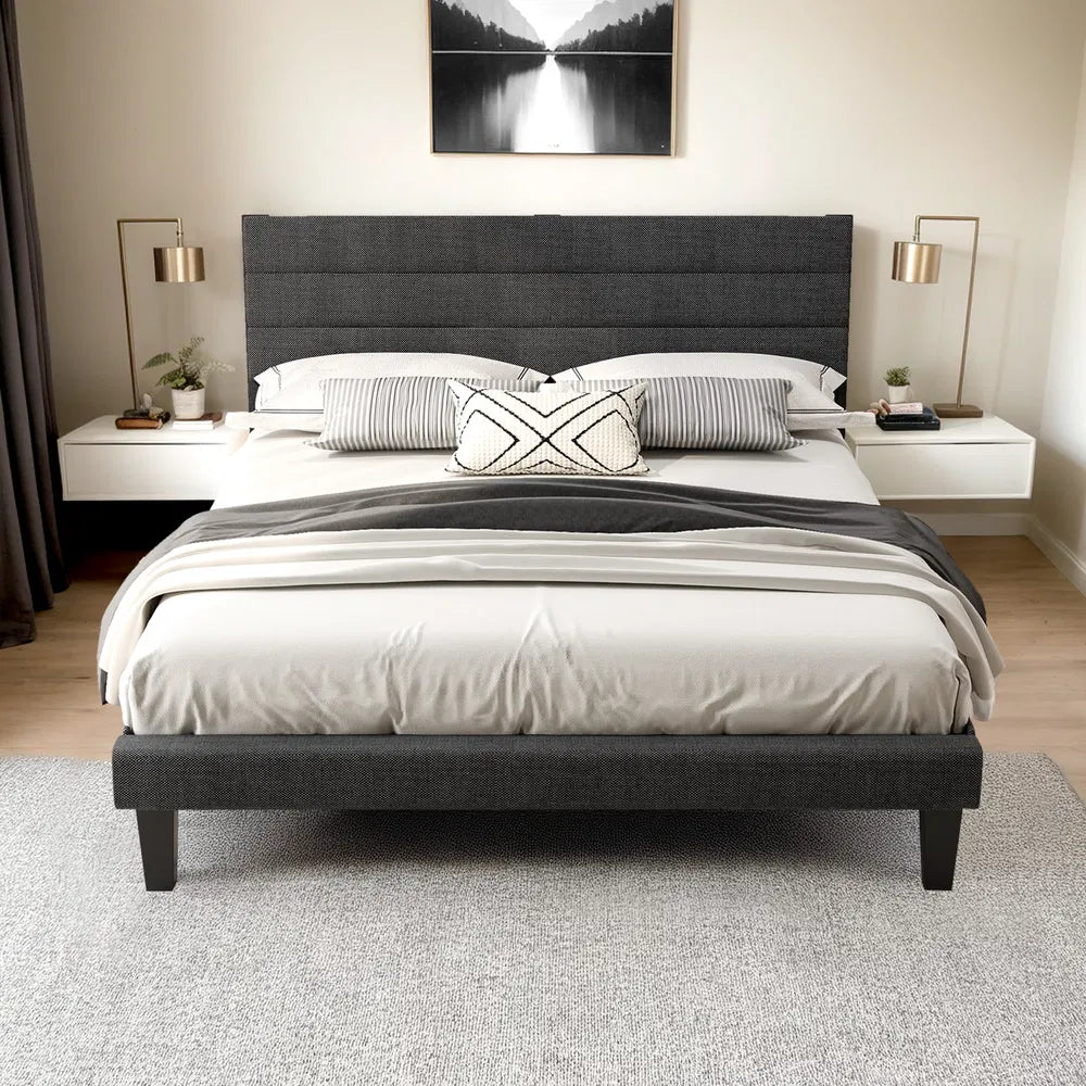 Queen Size Dark Gray Tufted Platform Bed Frame - Linen Upholstery