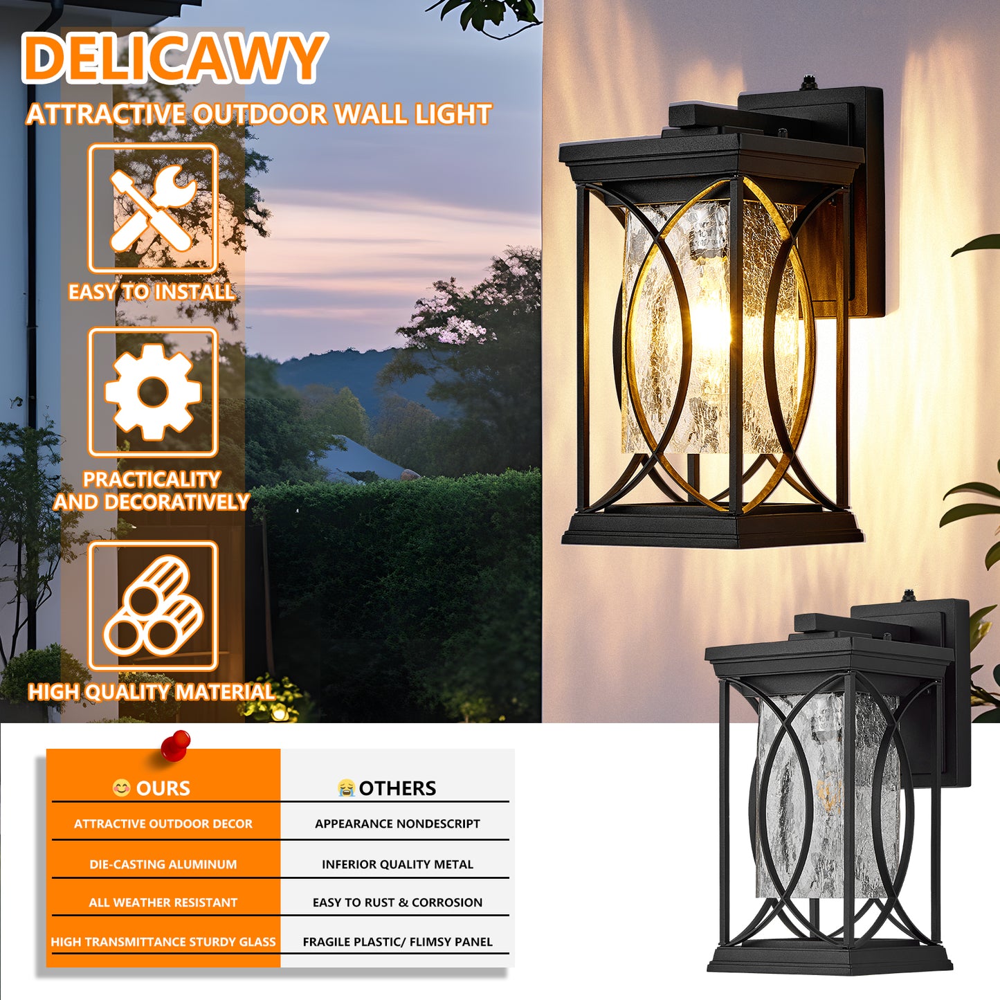 Black Outdoor Wall Lantern with Dusk to Dawn Sensor - Waterproof Aluminum Exterior Light Fixture