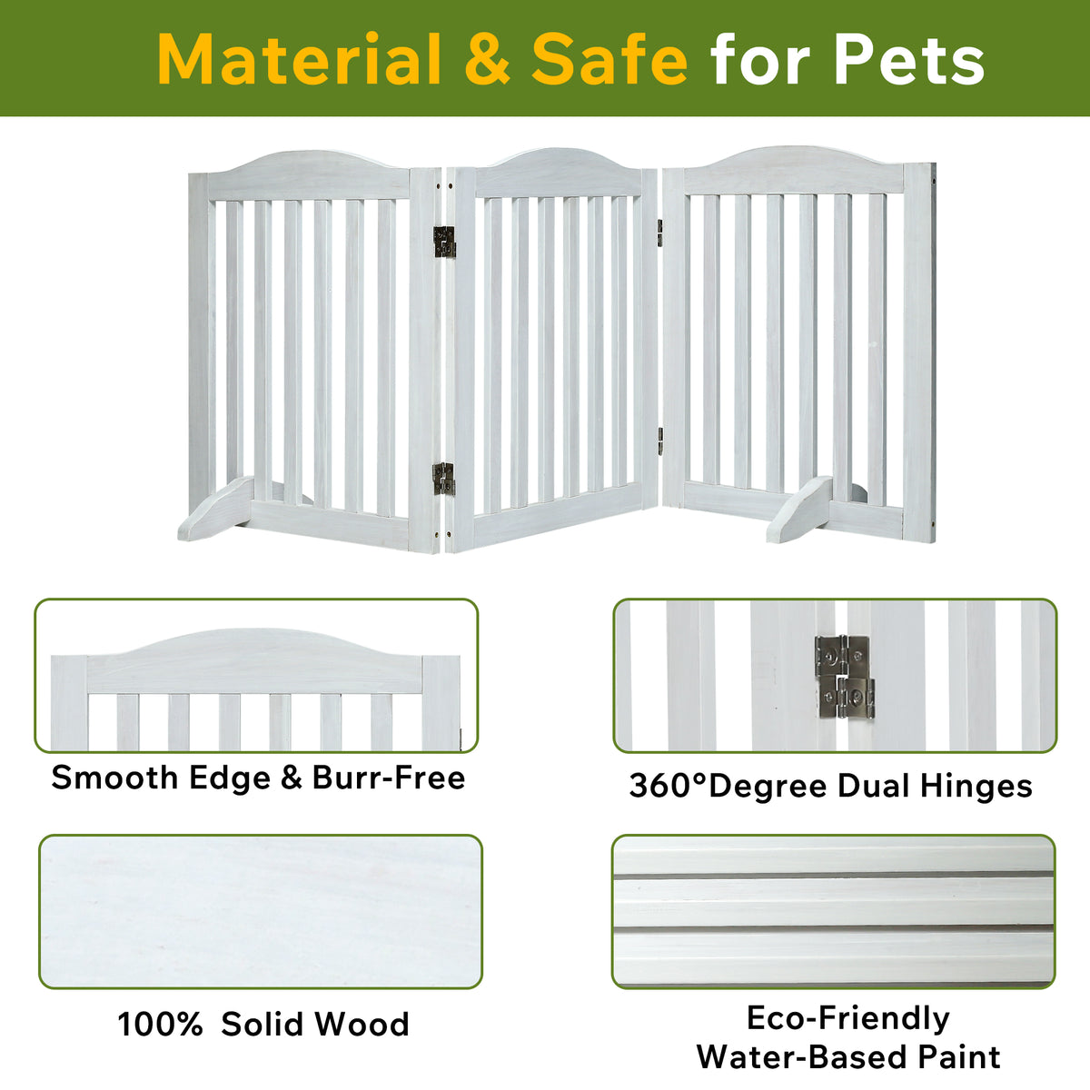 Wooden Foldable Pet Gate for Dogs, 24 Inch 3-Panel Freestanding Fence