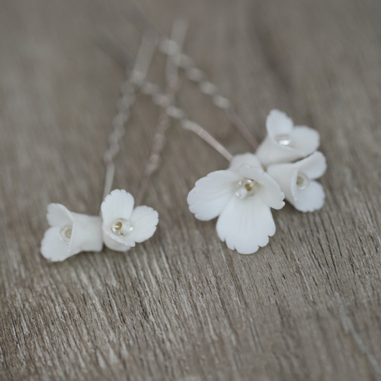 White Ceramic Flower Hairpin - Silver