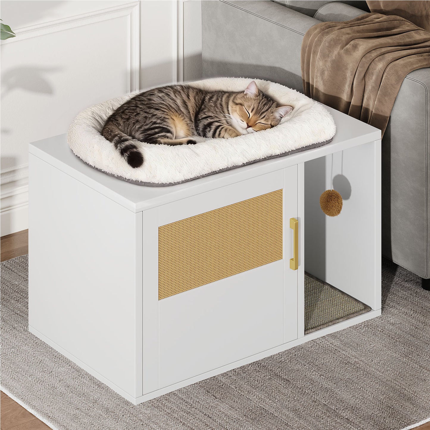 Multifunctional Cat Litter Box Cabinet with Odor Control & Side Table - White