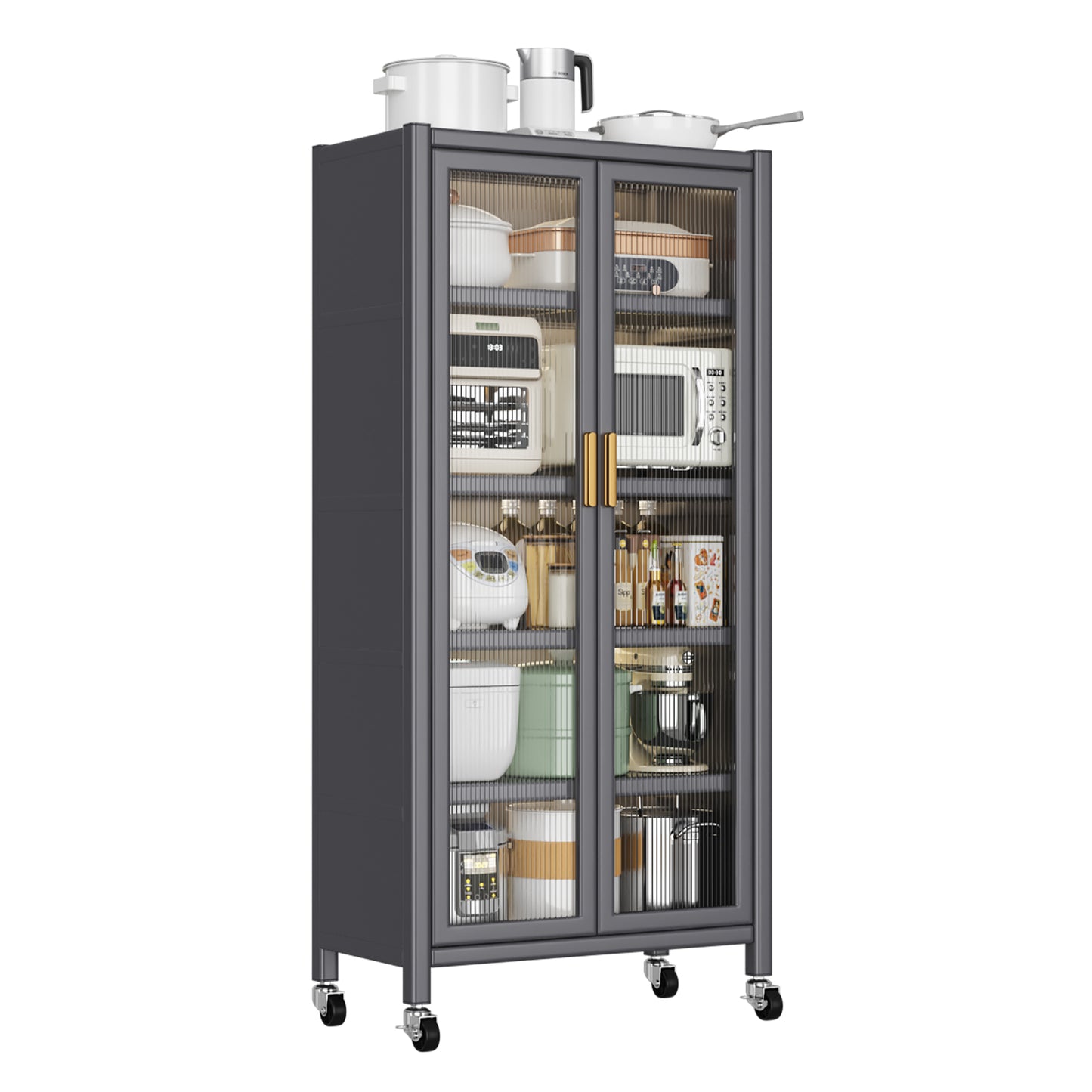 Grey Floor-to-Ceiling Kitchen Storage Cabinet with Microwave Shelf
