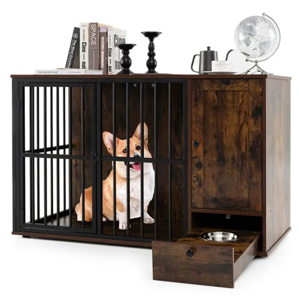 2-in-1 Dog Crate End Table with Pull-Out Feeder - Chew-Resistant Metal Pet Furniture