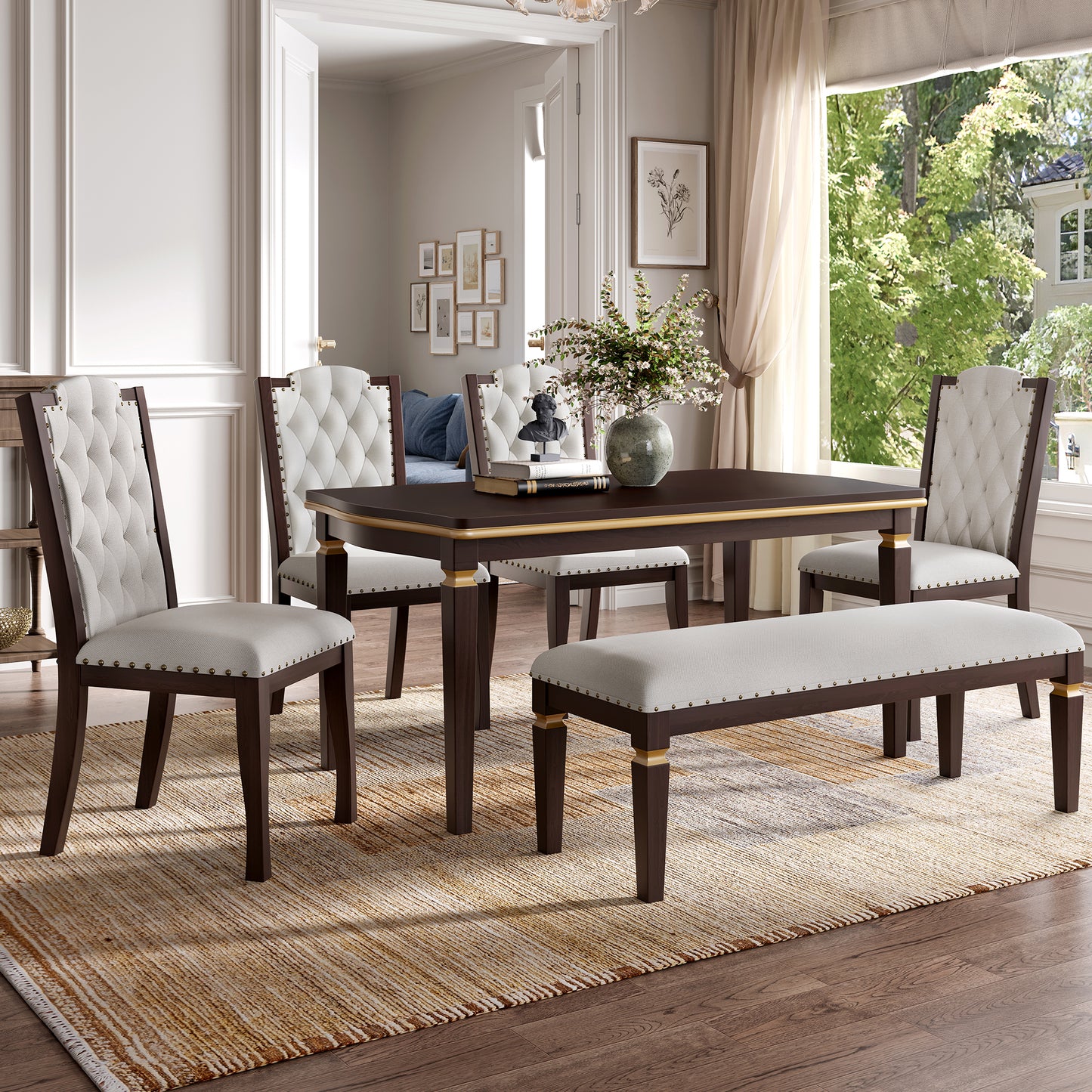 6 Piece Kitchen Dining Table Set, 60 Rectangular And 4 High-Back