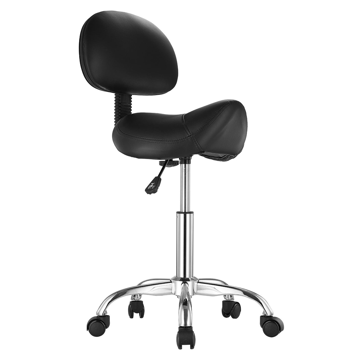 Ergonomic Saddle Stool with Back Support - Height Adjustable Rolling Chair, 450 lbs Capacity, Thick PU Leather - Black
