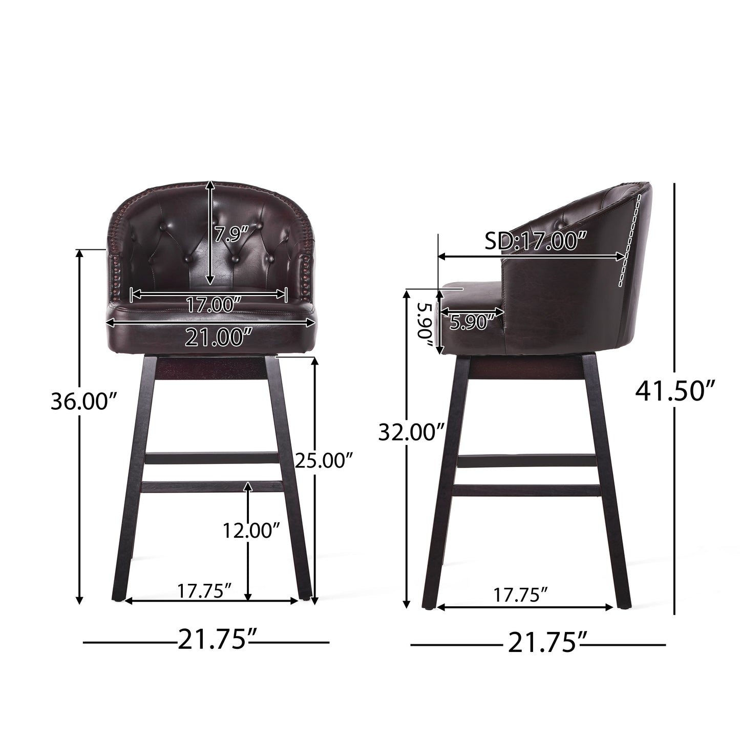 360-Degree Swivel Bar Stools with Nailhead Trim - Set of 2, Brown