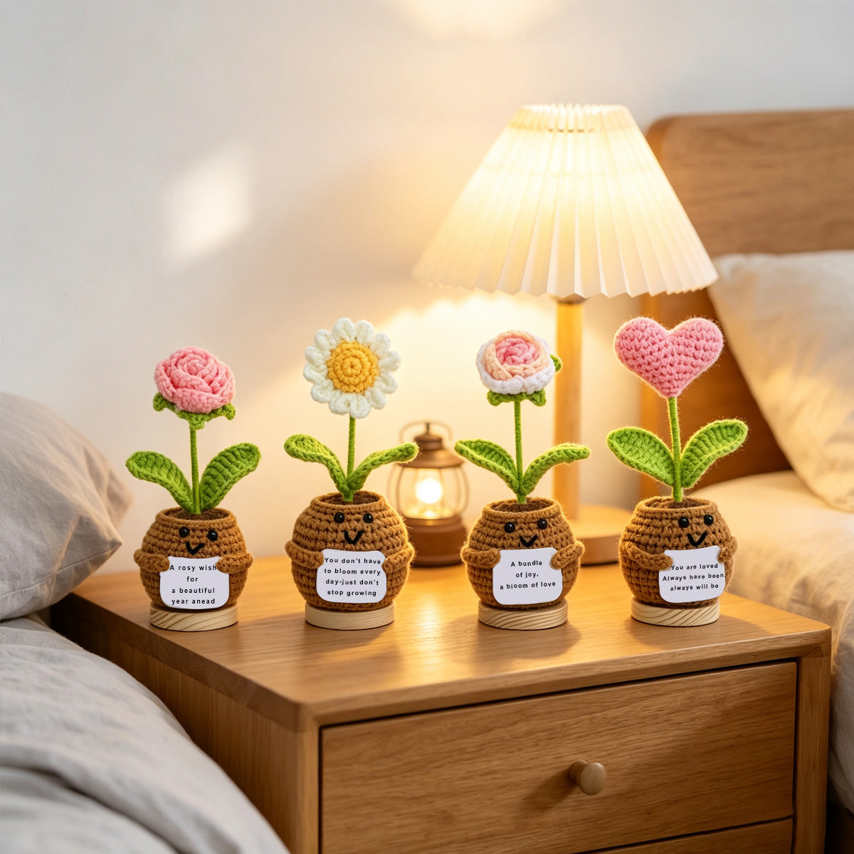 Mini Crochet Potted Flower Decor Assorted Rose & Heart with Inspirational Cards