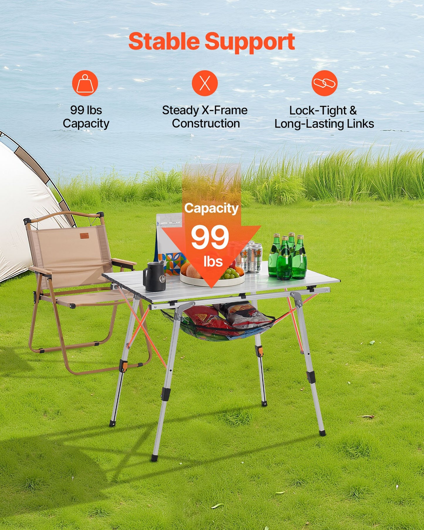 Portable Folding Camping Table Aluminum Outdoor Picnic Table with Mesh Layer - Silver