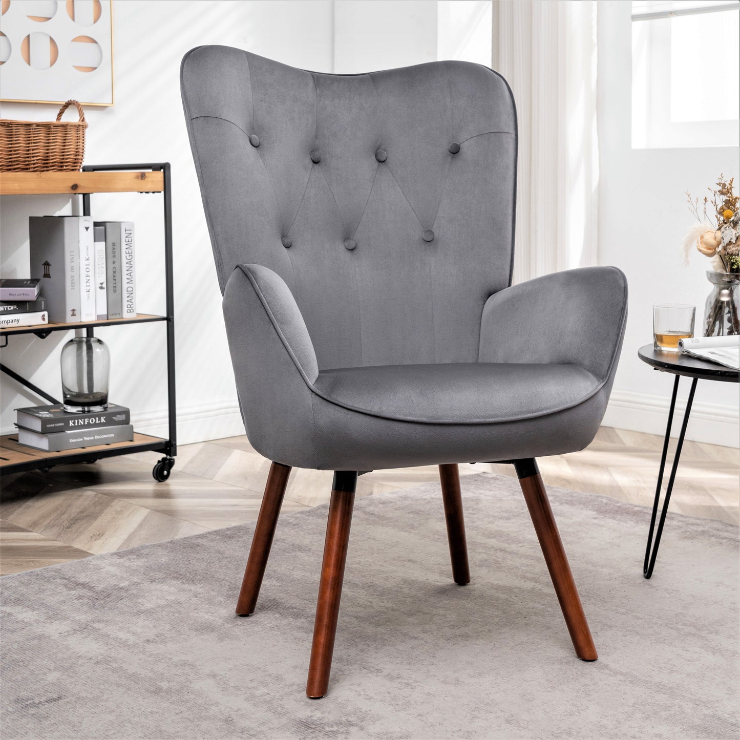 Mid-Century Modern Wingback Accent Chair, Button-Tufted Polyester