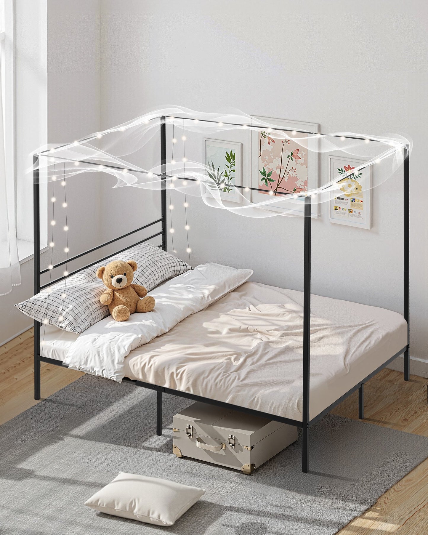 Full Size Metal Canopy Bed Frame with Four Posters, Heavy Duty Steel Slats, Underbed Storage, Easy Assembly - Black