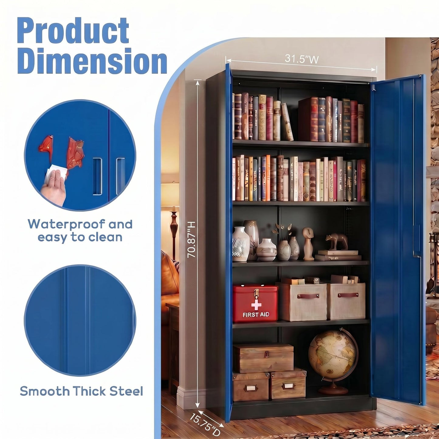 Lockable Metal Garage Storage Cabinet with Adjustable Shelves - Black & Blue