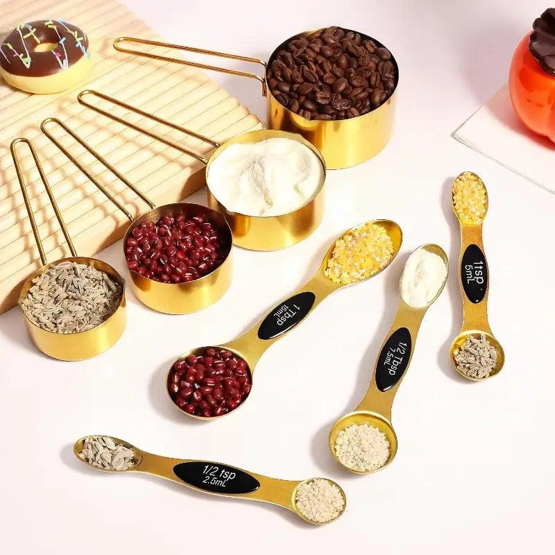 Gold Stainless Steel Measuring Cup and Spoon Set for Baking - Food-Grade Kitchen Tools