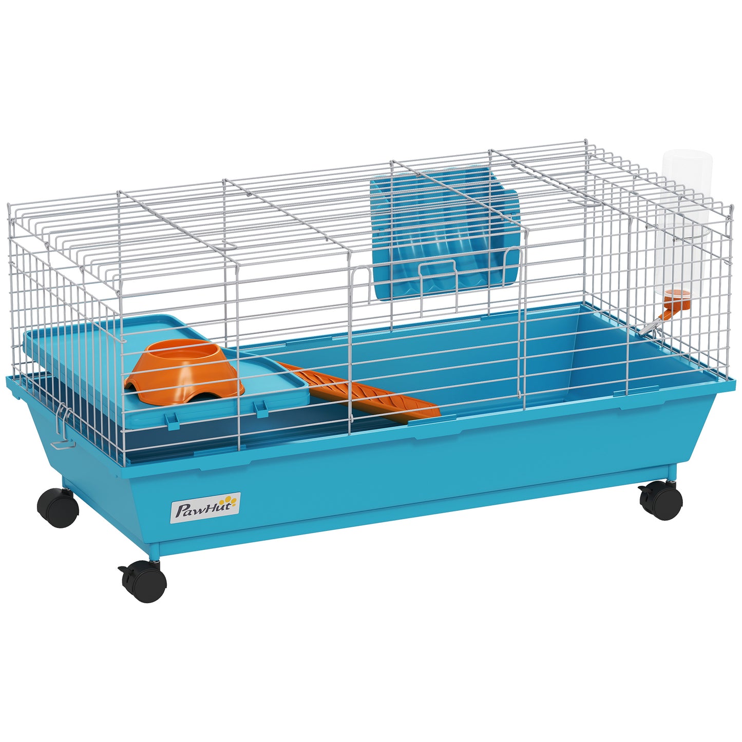 Small Animal Cage with Wheels, Food Dish, Water Bottle & Hay Feeder - Blue, 35 Inches