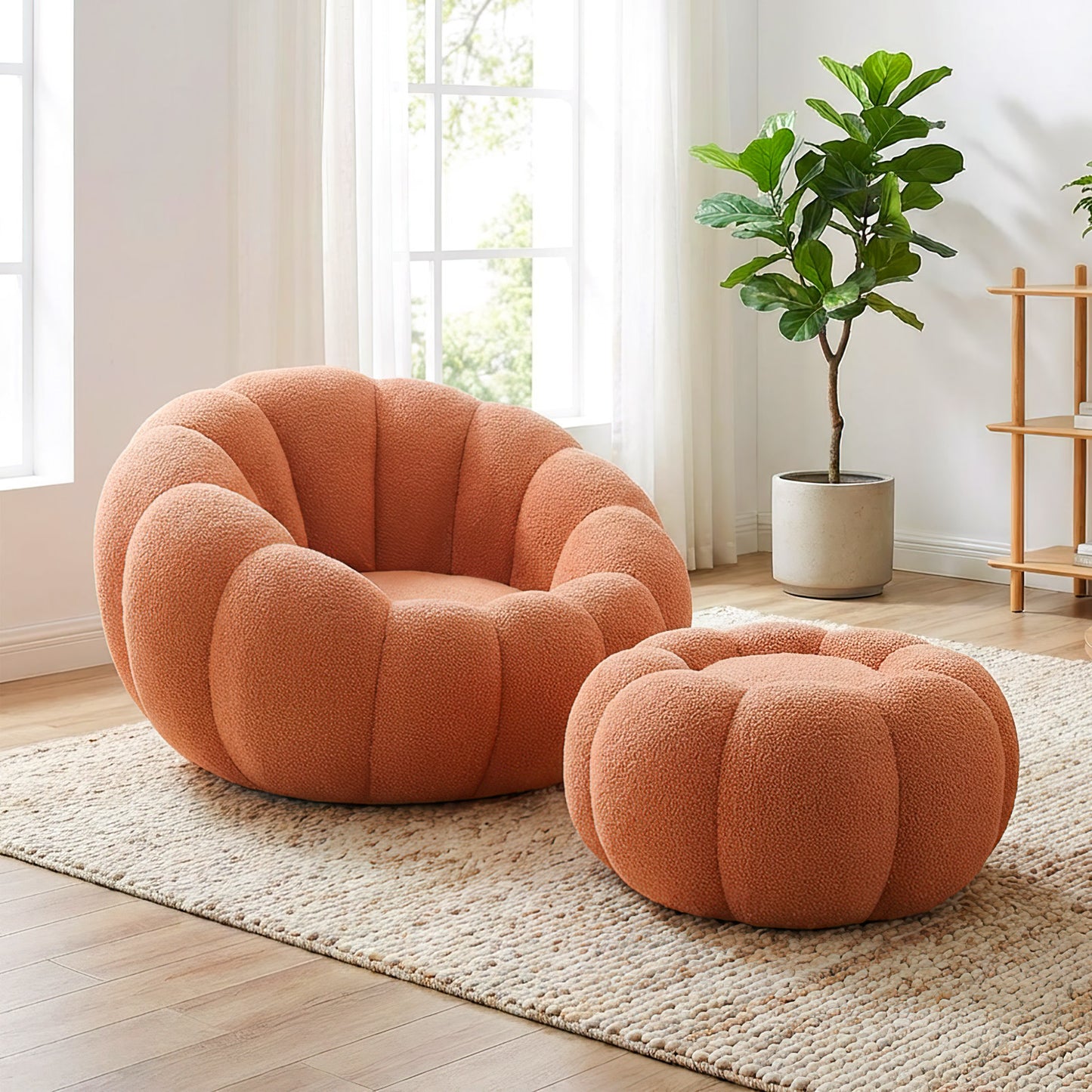 Pumpkin Shape Lounge Chair with Footstool - Brown