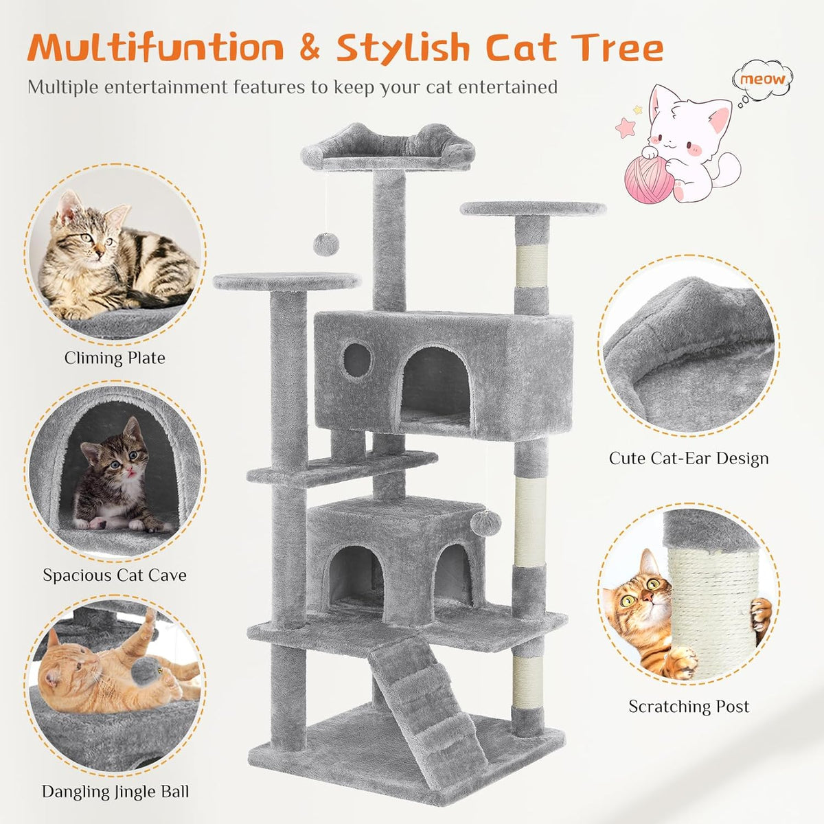 Multi-Level Cat Tree Tower with Sisal Posts, Plush Toys, and Play Areas